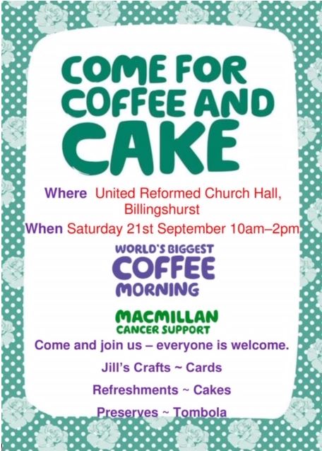 Poster giving time and date of a MacMillan Coffee Morning in Billingshurst on 21 September