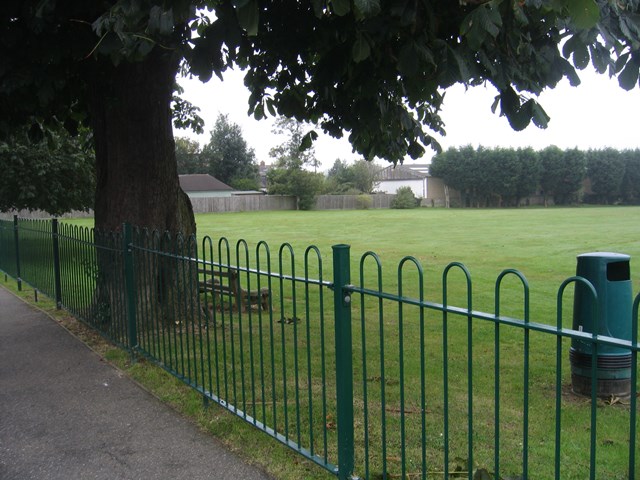 Railings, a tree and a bench by a field